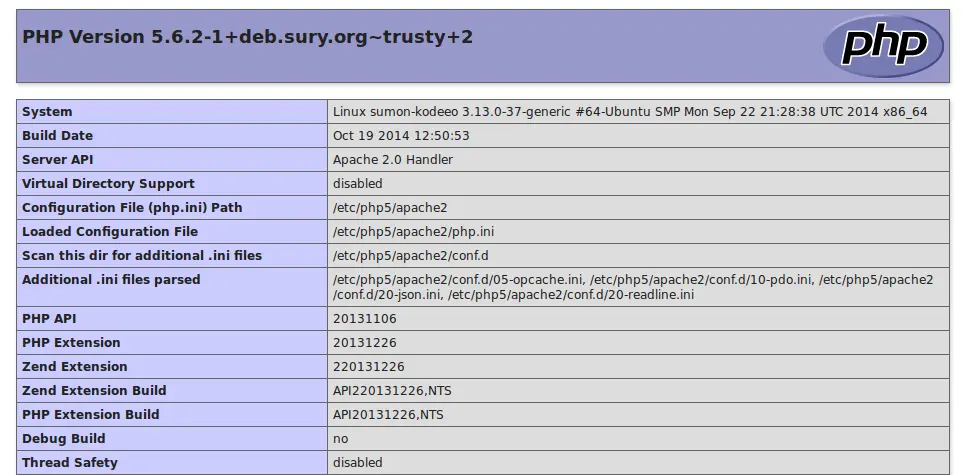 PHP info page output